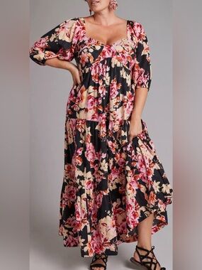 Anthropologie Blossom Maxi Dress V Neck Puff Sleeves Cotton Floral Texture